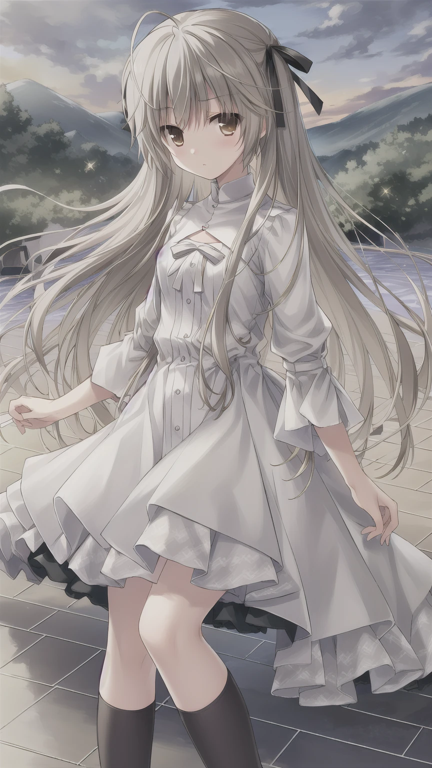 ((masterpiece:1.4, best quality)) ,Kasugano Sora,Naughty and energetic girl,Brown eyes,Happy,Long straight hair,Black knee-high socks Jane Shoes,summer,night,Meteor Showers