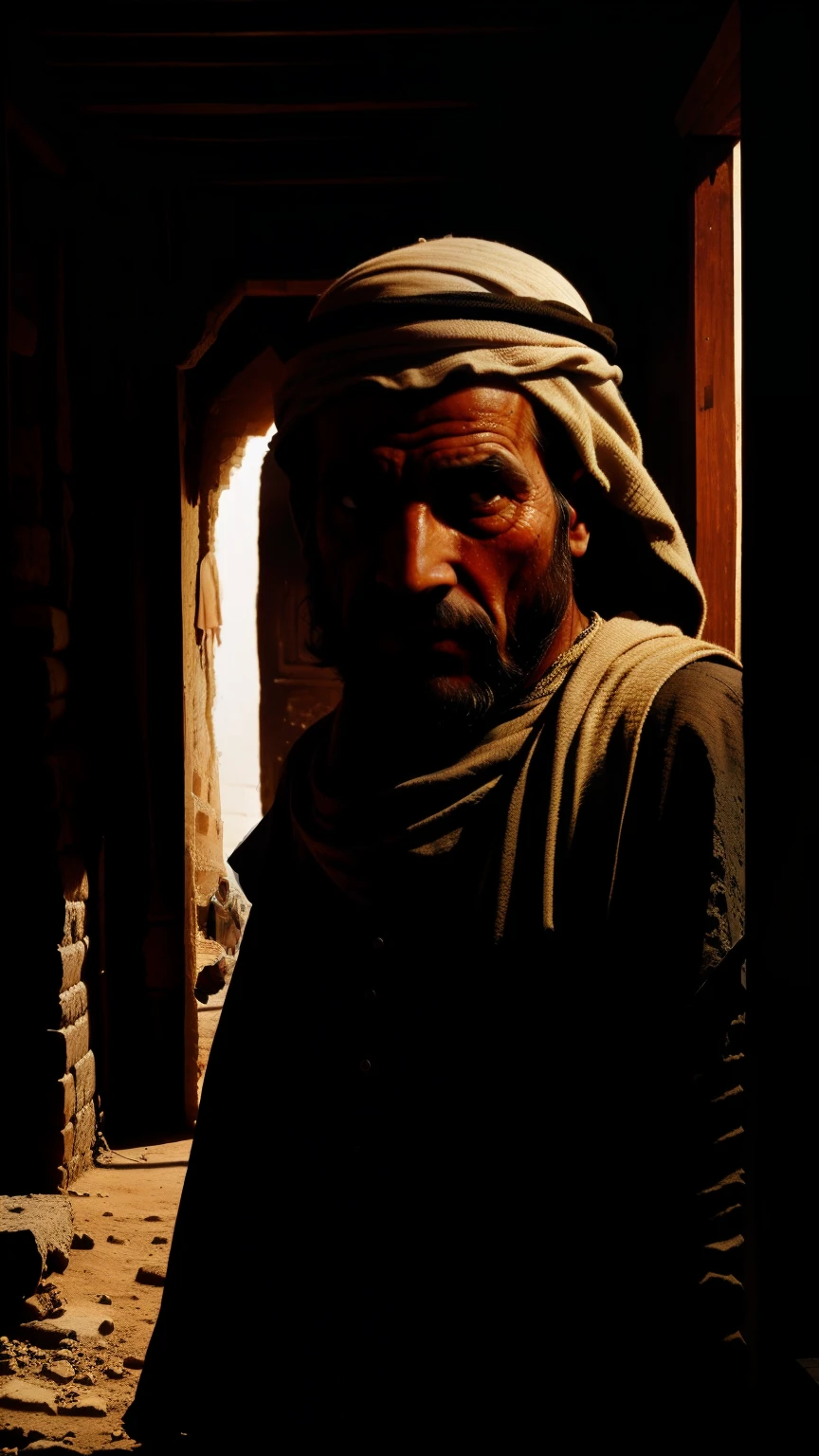 unreal engine,  a poor arab Bedouin man standing proudly and pointing finger wearing torn out clothes standing in a hall