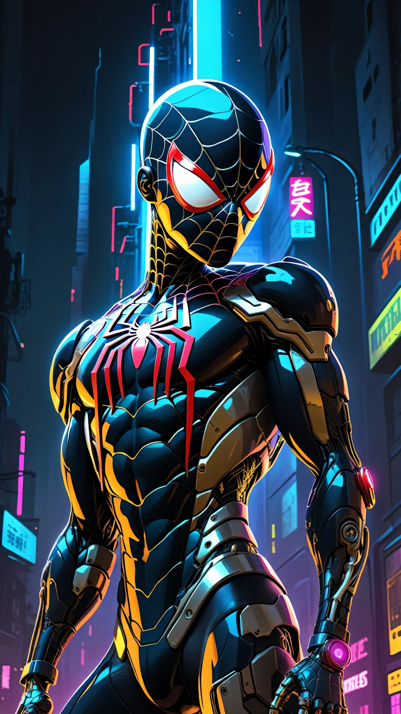 biomechanical cyberpunk horror-themed breathtaking concept art grunge style anime artwork cyborg style, (cartoon style), futuristic spiderman with blacklight makeup, male focus, solo, cyborg, science fiction, mechanical arms, glowing, energy core, 2077, masterpiece, best quality, highly detailed, sharp focus, dynamic lighting, vivid colors, texture detail, particle effects, storytelling elements, narrative flair, 16k, UE5, HDR, subject-background isolation . anime style, key visual, vibrant, studio anime, highly detailed . textured, distressed, vintage, edgy, punk rock vibe, dirty, noisy . digital artwork, illustrative, painterly, matte painting, highly detailed . award-winning, professional, highly detailed . eerie, unsettling, dark, spooky, suspenseful, grim, highly detailed . cybernetics, human-machine fusion, dystopian, organic meets artificial, dark, intricate, highly detailed