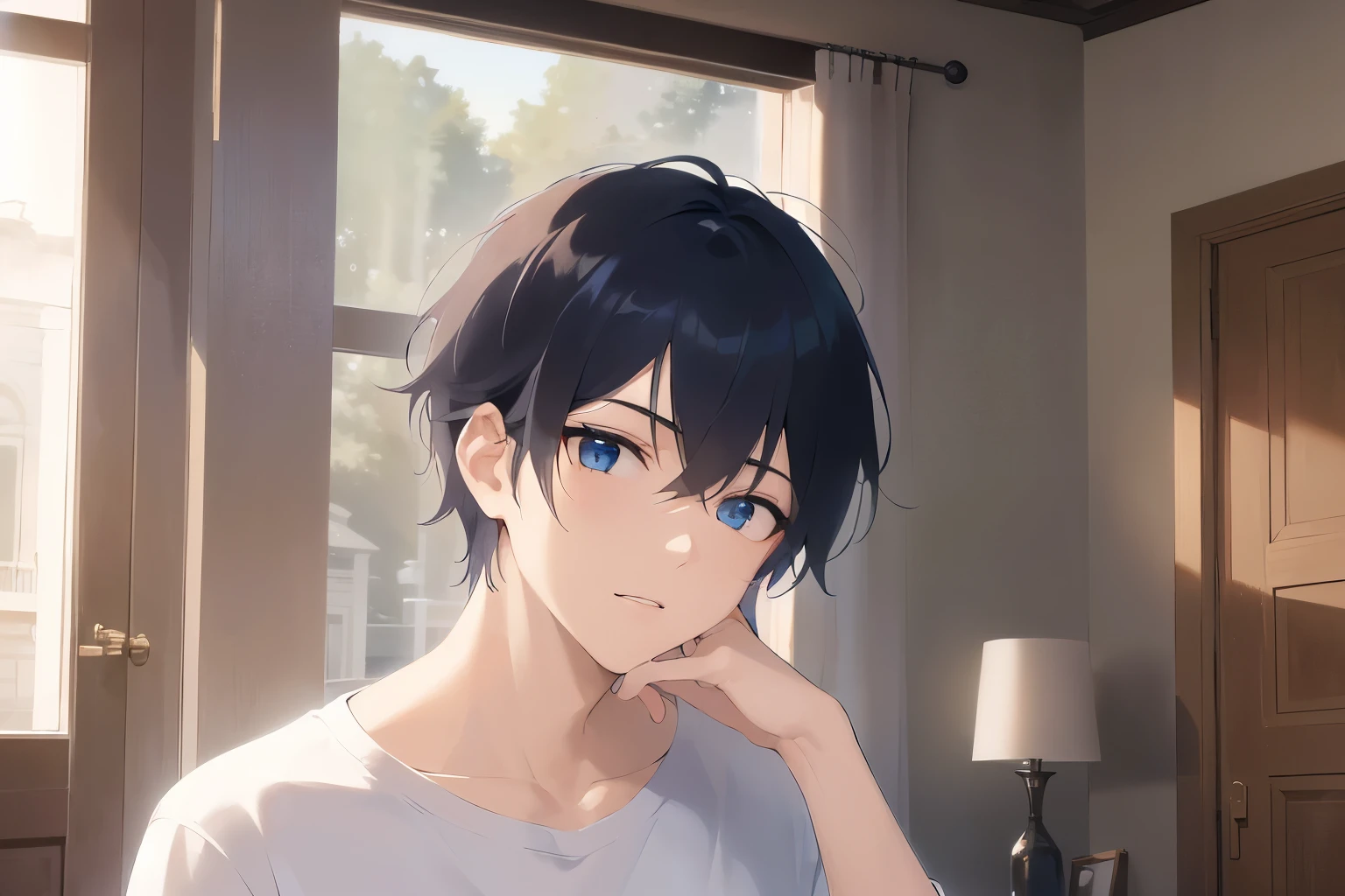 cinematic angle, Upper body, masterpiece、highest quality、(alone:1.5)、(25-year-old male:1.5) and (Black short hair) and (blue eyes) and (half eyes), (White T-shirt)、Are standing、(sleepy:1.3), The background is the living room、Bold composition