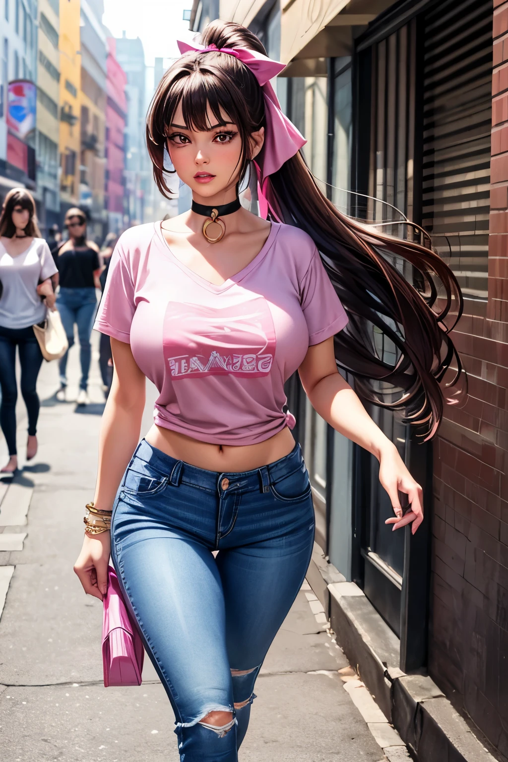 brunette hair, long ponytail, Huge saggy breasts, skinny waist, slender face  full body, fully clothed, hair ribbon pink, walking, young, beautiful, big pink eyes, realistic, looking to the side, heels, choker, eyeliner, pink lip gloss, tight v-neck t-shirt, flared jeans,  