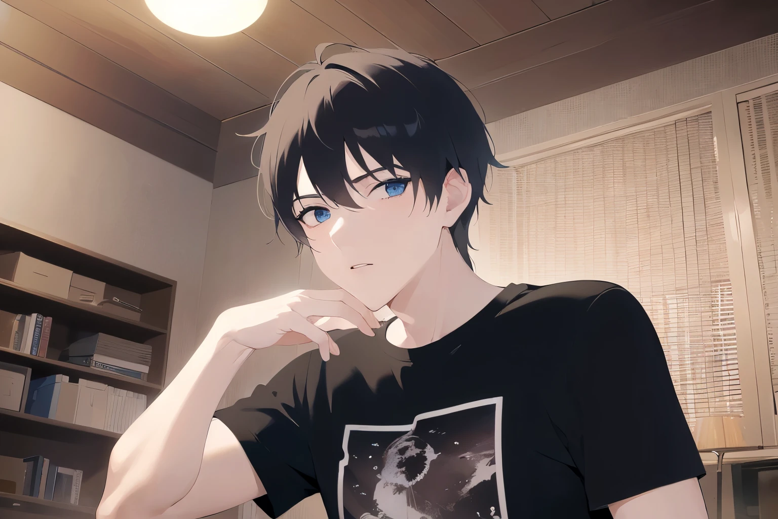 cinematic angle, Upper body, masterpiece、highest quality、(alone:1.5)、(25-year-old male:1.5) and (Black short hair) and (blue eyes) and (half eyes), (White T-shirt)、Are standing、(sleepy:1.3), The background is the living room、Bold composition