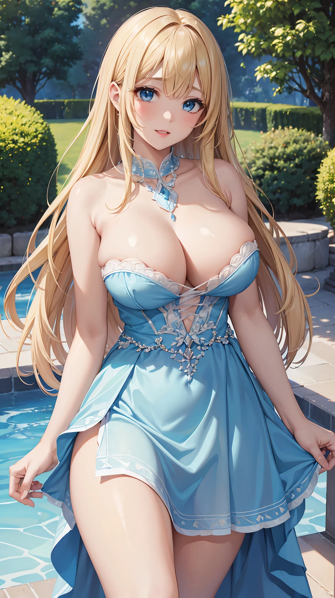 ((highest quality、High resolution))、Portrait、A beautiful woman、Perfect body、beautiful ample breasts、Long blonde、bangs、Blue and white、Embellished blue sexy dress、skirt、a sexually excited look、I'm inviting you to have sex、Outdoor Scenery