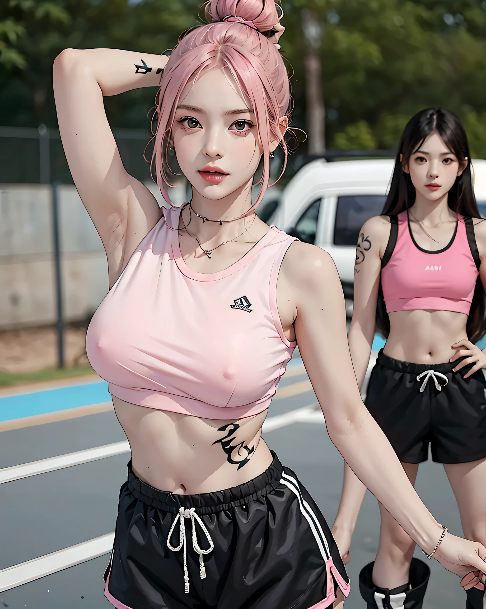 Perfect Style, Beautiful Face, Highly detailed face and skin texture, (Maximum resolution: 1.2), 1 female, alone, Hip Up, jewelry, (((tattoo)), Streetwear, Sports Bra, Pink Hair, Shorts, sports boots, (((Narrow waist))), ((Big Breasts))