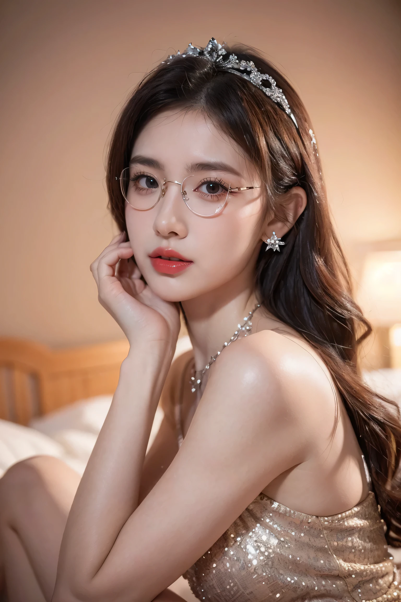 Top CG, Highest image quality, masterpiece, Gentle and beautiful girl, (185cm美女), (fit), Imperial sister, Queen temperament, White skin, ((Long legs)), perfect facial features, Bright Eyes, Seductive pose, Red lips, Beautiful and cold (A major breakthrough)), Beautiful and heroic, Soft and long hair, Glittering, Lace, net, Visible through clear skin, wear glasses, Diamond Earrings, Pink skirt), 8K Image Quality, (Realistic Portraits), Characters fill the screen, (Facial lighting), ((eternal)