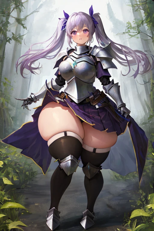 masterpiece, best quality, 1girl, light purple hair, long hair, twintails, bright purple eyes, cute, (black and silver knight armor, skirt, stockings:1.3), (curvy, slim waist, bottomheavy, gigantic ass, gigantic thighs, insanely wide hips:1.1), forest, from front