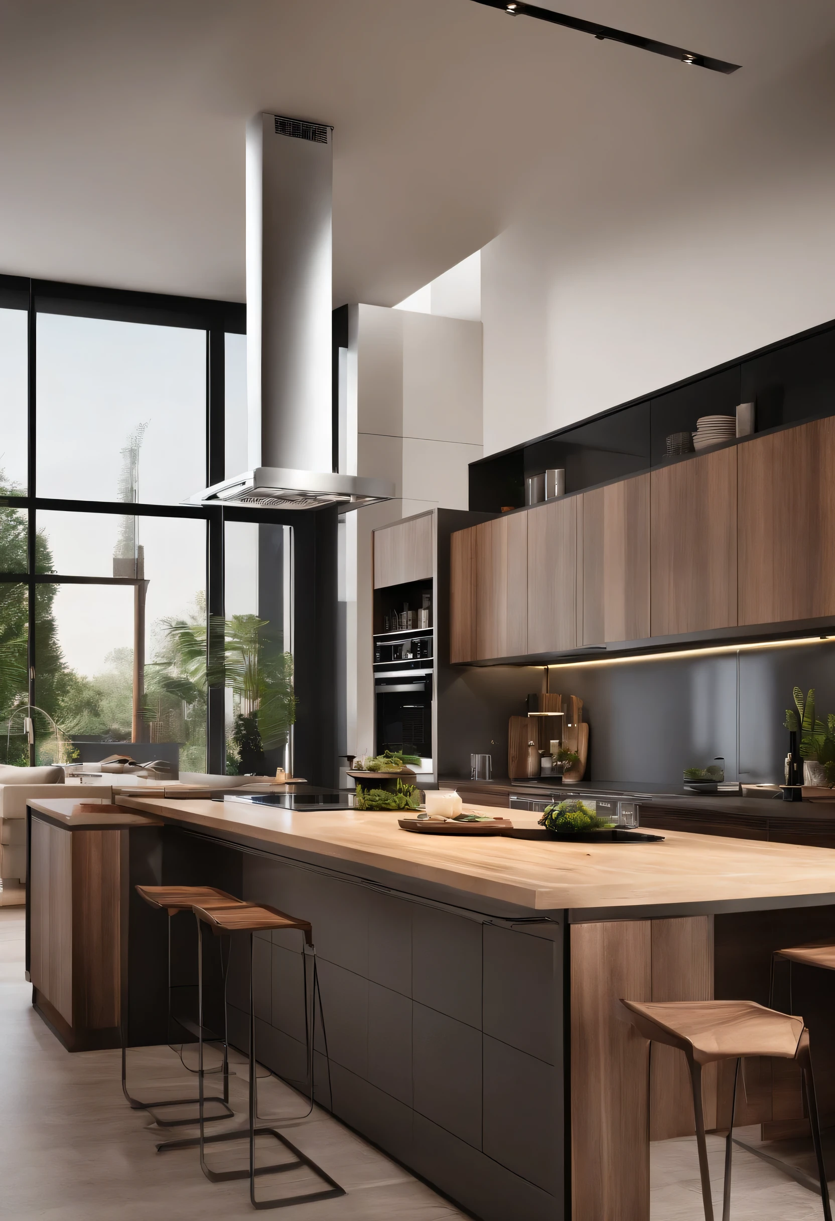 modern kitchen,Gorgeous renovation,refrigerator,cupboard,Wide scene,in a panoramic view,From the outside, hyper HD, High details