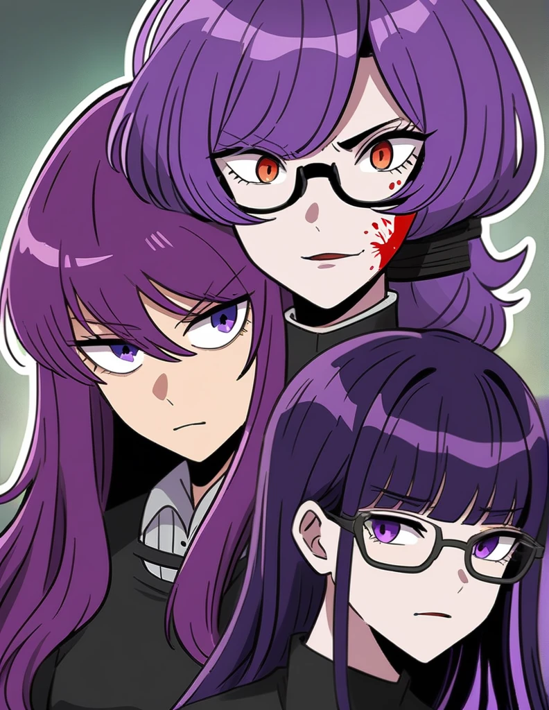 anime girl with purple hair and blood on her face, 1 7 - year - old anime goth girl, gapmoe yandere grimdark, portrait gapmoe yandere grimdark, misato katsuragi, inspired by Yukihiko Yasuda, detailed anime character art, 2 d anime style, horror manga, anime style”, sui ishida art manga,wearing glasses,purple hair,wearing glasses,purple hair,wearing glasses,purple hair,wearing glasses,purple hair,wearing glasses,purple hair,wearing glasses,purple hair,wearing glasses,purple hair,wearing glasses,purple hair
