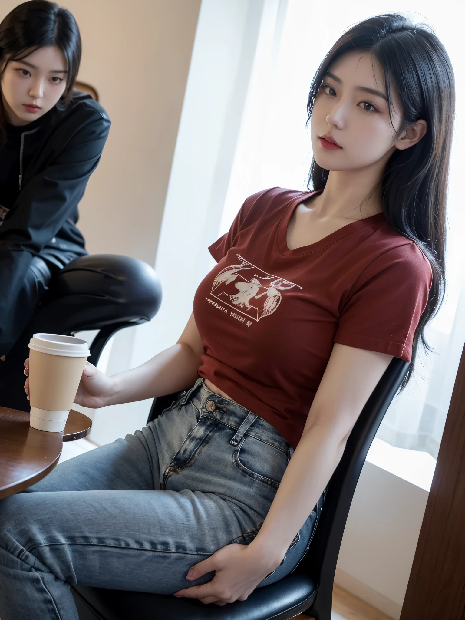 A beautiful japanese gangster boss with a typical japanese face, 25 years old, long black hair, black denim under a red t- shirt, a number of scratches,on her hands, sitting relaxed in a reclined chair while holding a coffee cup. In front of her there is a table and a gun. The background of the letter "JACKLYN" logo is decorated with white neon lights and several swords hanging,There were several female bodyguards behind her, thin light, super realistic, high low angle, look up shoot, photograph