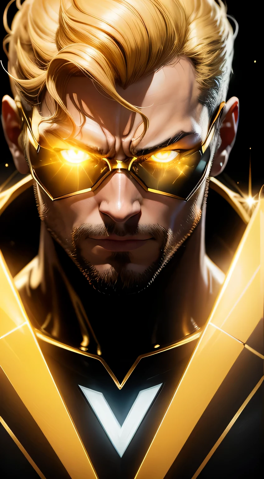 Modelo 1 - "Golden Brain": Prompt: Create a realistic and technological NFT from a studious superhero. The character is known as "Golden Brain". He has a predominantly yellow and black metallic suit, com detalhes em tons de dourado. His expression reflects concentration and intelligence as he works on a hologram of complex formulas. The scene is illuminated by a bright light, highlighting the metallic textures of the costume and the reflections on the character's glasses.