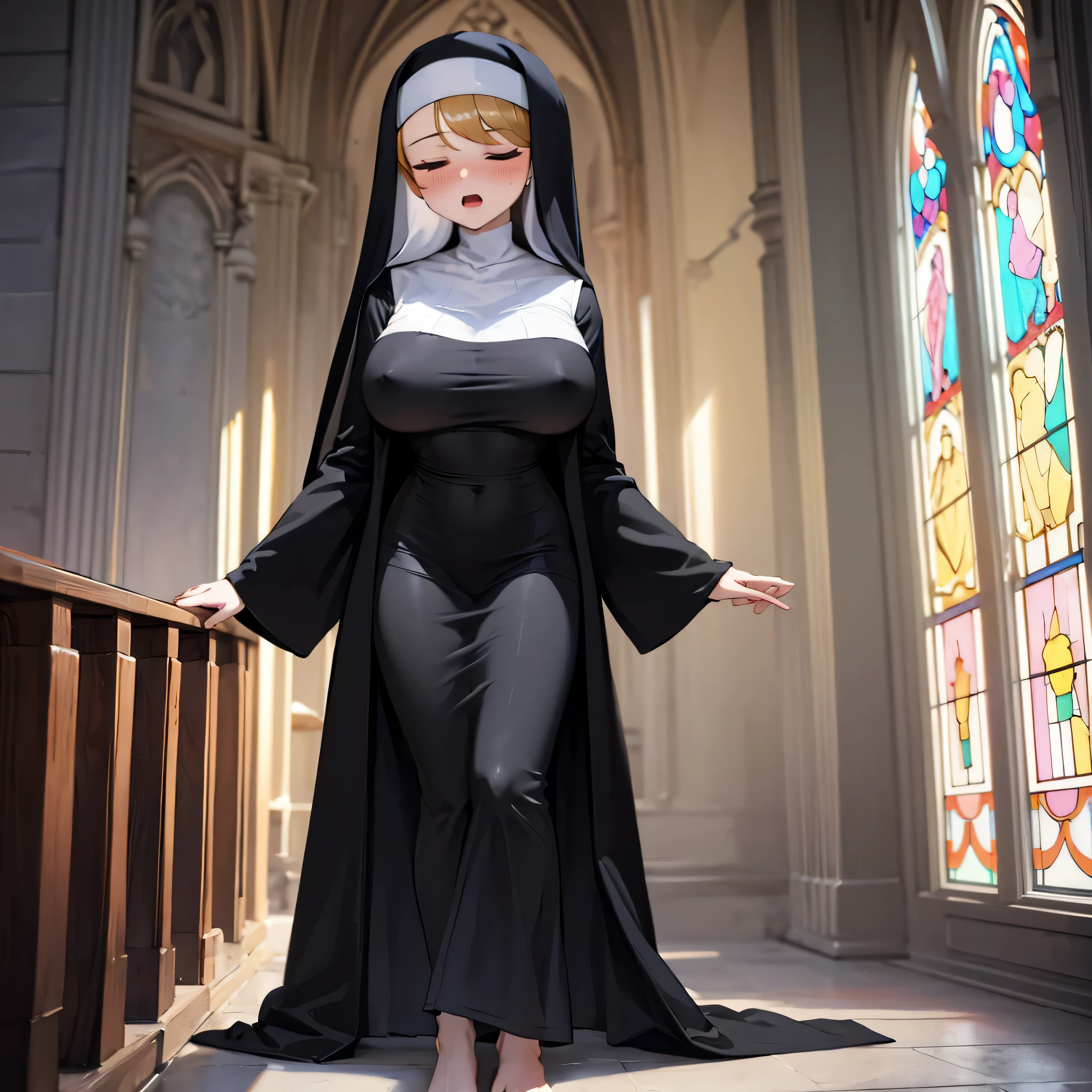 (solo:1.2), (1 praying skinny cute nun:1.3) standing in church, (praying with holding hands together over chest:1.2), (tight sheer long black robe:1.6), (disproportionately gigantic breasts:1.3), (bursting perky breasts:1.3), inconceivably narrow waist, too short torso, skinny long legs, closing eyes, nose blush, open mouth, (heavy breathing:1.3), stained glass in distance, full body, 8k, ultra-detailed, masterpiece, beautiful detailed hair