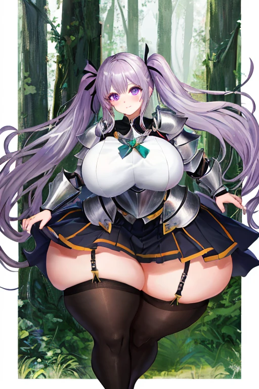 masterpiece, best quality, 1girl, light purple hair, long hair, twintails, bright purple eyes, cute, (black and silver knight armor, skirt, stockings:1.3), (curvy, slim waist, bottomheavy, gigantic ass, gigantic thighs, insanely wide hips:1.1), forest, from front