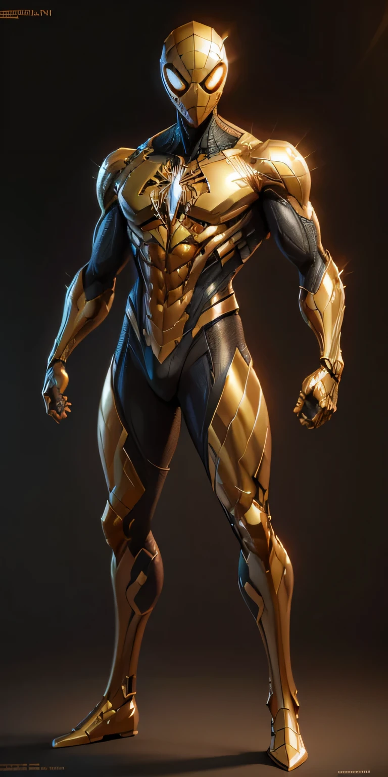 Gold Spider-Man from Marvel, frontal, full-length, looking at the camera, facing the audience, standing pose, simple background, three-dimensional light, detailed full-body concept, sleek digital concept art, beautiful full-body concept art, art trend, CGsociety full-length,
