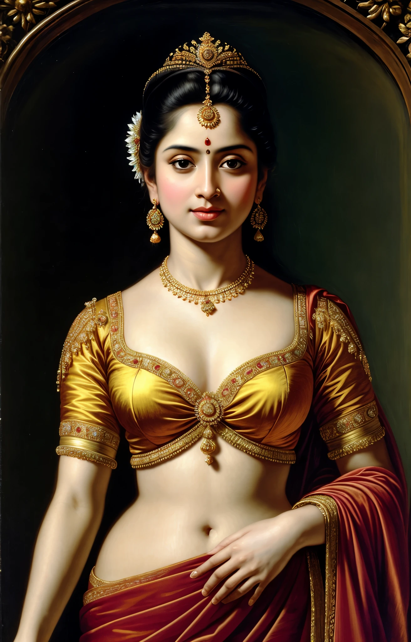 Beautiful Indian Woman, wearing saree, sari Beauty, gorgeous, Apsara, Maharani, royal queen woman, nymph from Hindu Mythology, Urvashi, matchless beauty, Highly detailed, Oil Painting by Peter Paul Rubens inspired by Raja Ravi Varma, Matchless beauty, captivating, gorgeous, heavenly beauty, celestial beauty, by Peter Paul Rubens, 13, realistic, hyper realistic, micro details, incredible artwork, insane details, ultra High resolution, 8k, 32k, acrylic on canvas, intricate, flawless, detailed, detailed face, detailed eyes, masterpiece, by Peter Paul Rubens, by Caravaggio, by William Adolphe bouguereau, perfect face, perfect body, beautiful art, realism, baroque, renaissance Art, highly textured, beautiful and detailed eyes, uhd, best quality,
