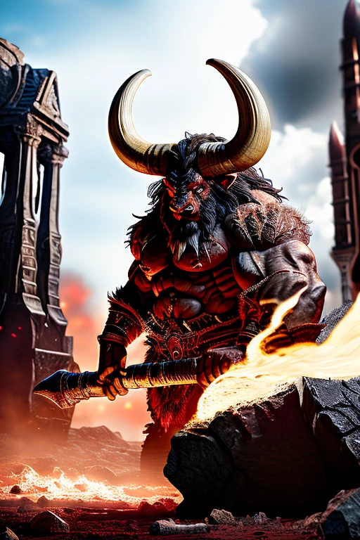 Red fur Minotaur, taurus model, full of rage, angry minotaur, burned city background, detailed anatomy, gigantic body, perfect muscle, perfect photograph, full focus camera, face focus