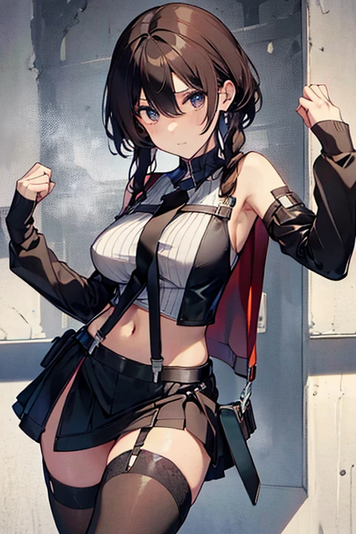 (masterpiece:1.2), (Military uniform magazine cover:1.4),best quality,PIXIV,Sweet girl , sexy posture,1girl, (perky chest:1.2), rolling upskirt by wind:1.6, (with sparkling eyes and a contagious smile),open mouth, (pointed chest:1.2),fishnets, black hair, boots, long hair, black nails, skirt, shirt, black footwear, bag, black skirt, jewelry, jacket,  thigh strap, bangs, necktie, earrings, nail polish, multicolored hair, looking at viewer, full body, bottle, own hands together, belt, jacket on shoulders, food, cats on head, ring, choker, english text, collared shirt, blue eyes, hat, lace-up boots ,masterpiece、highest quality、Very detailed、An illustration、Beautiful fine details、One Girl、cute、Detailed landscape、Training Room Background:1.4、Platinum Blonde Hair、Braided Ponytail、Red camisole、((c cup breasts, Tank top showing underboob:1.4))
