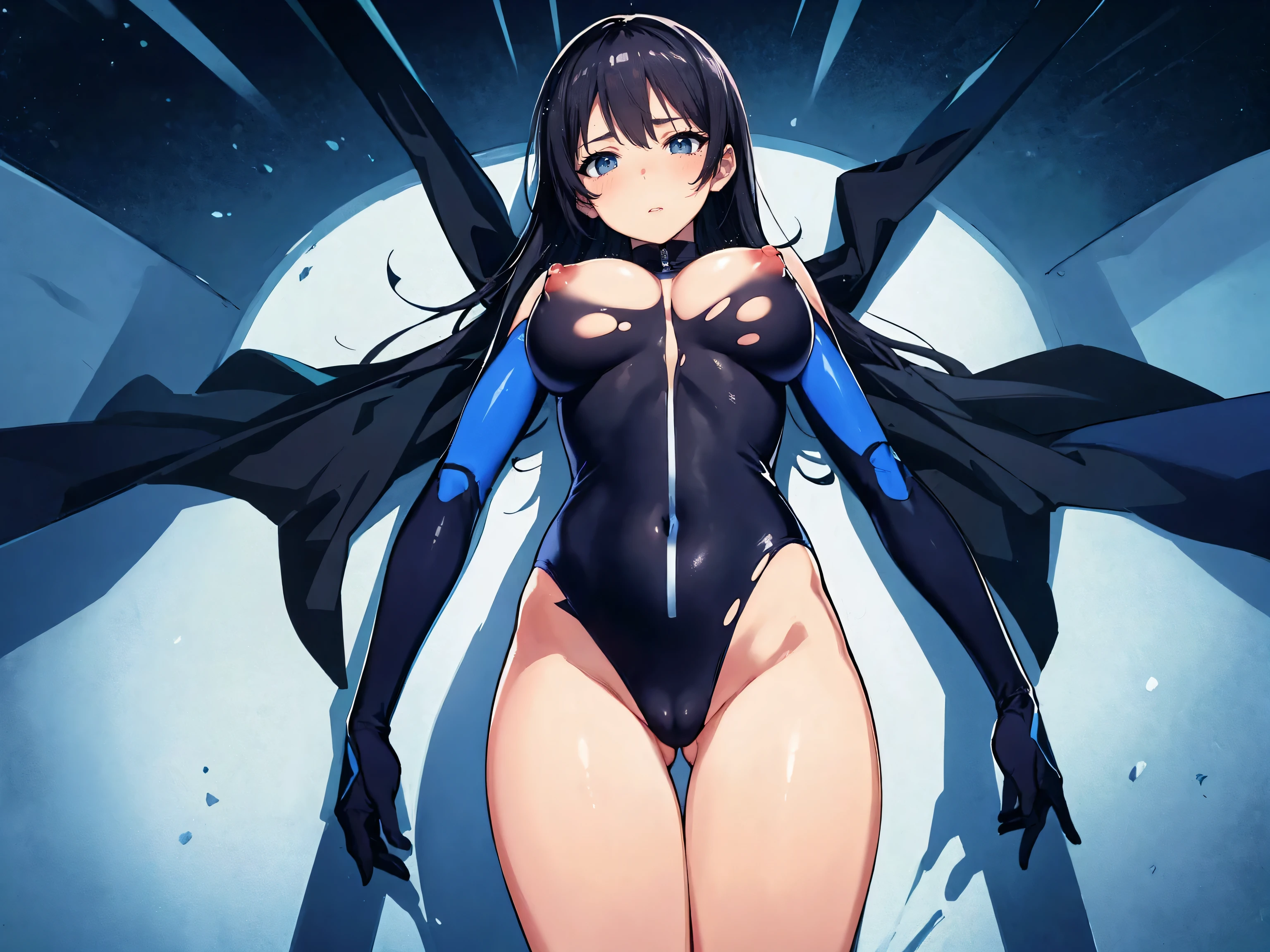 anatomically correct,masterpiece, highest quality, 1 girl, looking at the viewer, blue eyes, closed mouth, (Urgent 1:0.7) ,black hair、(masterpiece),(highest quality:1.0), (ultra high resolution:1.0), Detail view, 8K, anime, masterpiece、provocative look　very big breasts　Fair skin　very fine eyes　show off your chest、,swaying chest, upper thigh、Highest quality detailed eye,Tight-fitting clothes that highlight her perfect body ,A torn body suit grazes my chest, crush and transform、Beautiful shining nipples、Sunny steppe、M-shaped spread legs