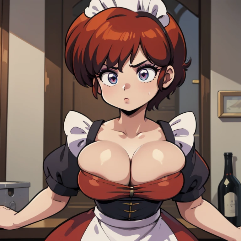 Ranmachan, cabello rojo, Cabello corto, ojos azules, ojos detallados, cara de placer, muslos, pechos grandes, cuerpo completo, pose vulgar, escote muy grande, senos grandes, Victorian Maid Dress, Cleavage Bulge, Bursting Breasts, Spilling Out 