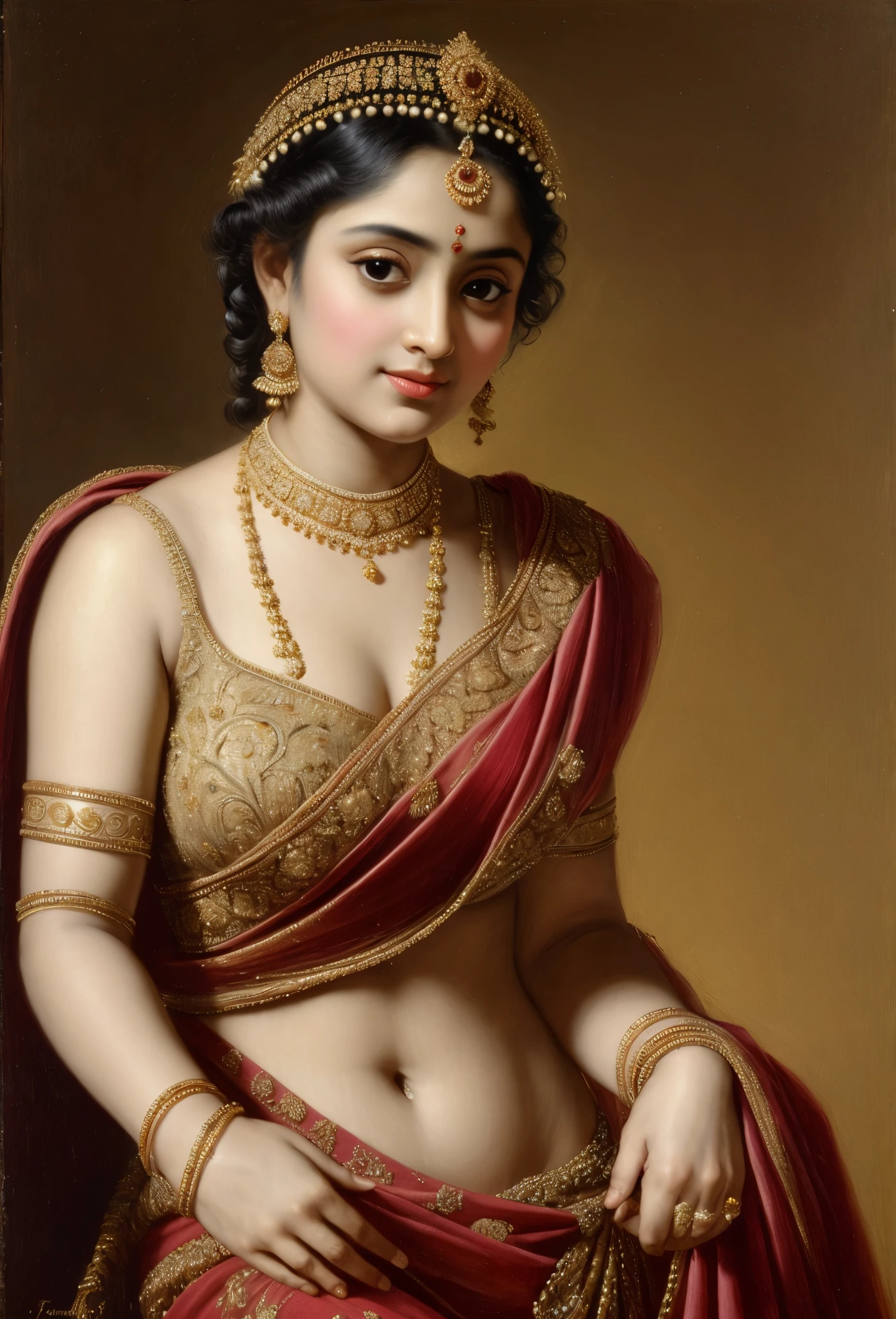 Looks like Jannat Zubair, Beautiful Indian Woman, wearing saree, sari Beauty, gorgeous, Apsara, Maharani, royal queen woman, nymph from Hindu Mythology, Urvashi, matchless beauty, Highly detailed, Oil Painting by Peter Paul Rubens inspired by Raja Ravi Varma, Matchless beauty, captivating, gorgeous, heavenly beauty, celestial beauty, by Peter Paul Rubens, 13, realistic, hyper realistic, micro details, incredible artwork, insane details, ultra High resolution, 8k, 32k, acrylic on canvas, intricate, flawless, detailed, detailed face, detailed eyes, masterpiece, by Peter Paul Rubens, by Caravaggio, by William Adolphe bouguereau, perfect face, perfect body, beautiful art, realism, baroque, renaissance Art, highly textured, beautiful and detailed eyes, uhd, best quality,