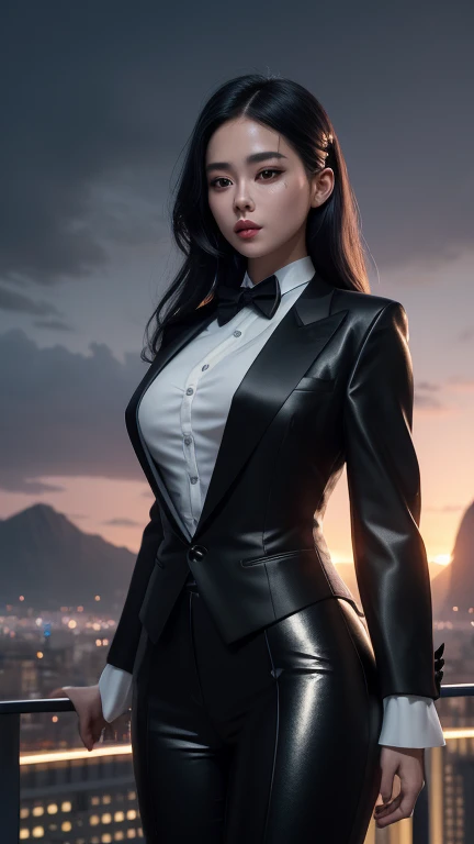 (masterpiece), High Detail, high quality, Reality, Ultra Detailed, Realistic skin texture, Perfect face, (A beautiful lady in a tuxedo), Elegant girl, Cool Girl, (giggle), Arrogant demeanor, (Full details Tuxedo suit, suit, black tie, suit, Straight pants, Double-breasted vest, reflected light, Silver trim), white neon light, silver light, luminescent, Full lips, Glossy lips, Light makeup, hourglass body shape, Willow Waist, (Feel free to hairstyle, Expressive hair, Shiny hair, luminescent hair, Colorful hair, Gradient hair, Colored undercoat), (Dusk sky, Network building on the mountain,On the roof, Sunset lights, cloud, Floating islands，There are many network architectures，Sci-fi background, High Detail background), Fantasy Art, high quality detailed art, A colorful combination of fantasy and realism, Internet Art Style, A beautiful fantasy smart girl, charming, Black and white color scheme, standing posture ,Looking down from above，You can see the city below,