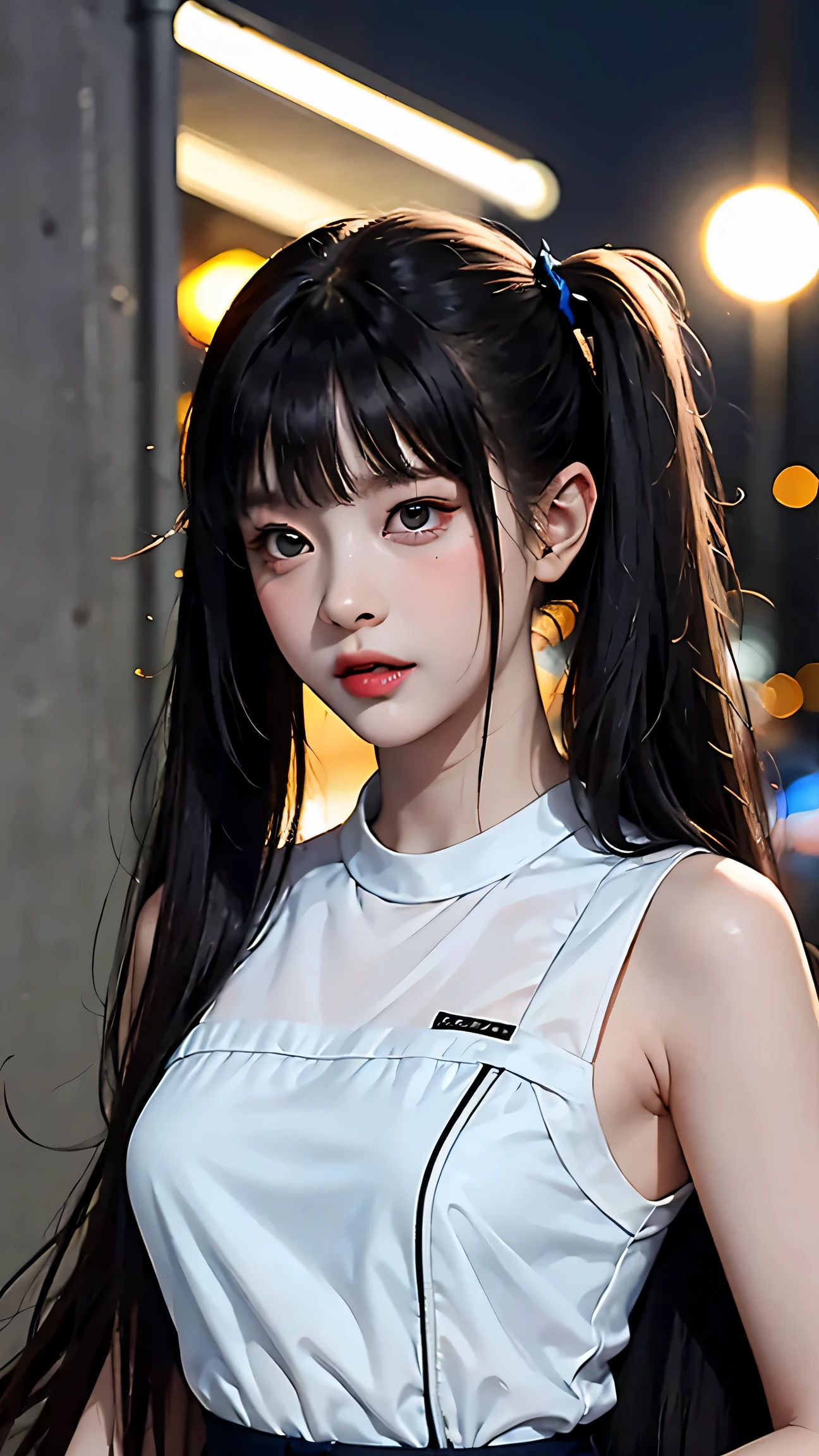 masterpiece, highest quality, One girl, alone, blush, Twin tails, Long Hair, ((See-through streetwear)), Outdoor, night, Movie Posters, Extremely detailed 8K, Smooth, High resolution, super high quality, Cinema Lighting, 16k, Detailed face, Perfect composition, , Atmospheric lighting, Very sexy,(Large Breasts)，Small waist