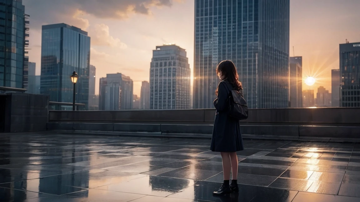 A masterpiece of perfect art. The girl with earphones on looked at the rainy sky.. In the middle of the sky, The sun was shining dimly.The woman was standing on the roof of a tall building, like a scene from a movie.. The atmosphere of light and color is beautiful and fascinating..