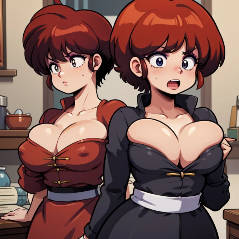 Ranmachan, cabello rojo, Cabello corto, ojos azules, ojos detallados, cara de placer, muslos, pechos grandes, cuerpo completo, pose vulgar, escote muy grande, senos grandes, Victorian Dress, Cleavage Bulge, Bursting Breasts, Spilling Out