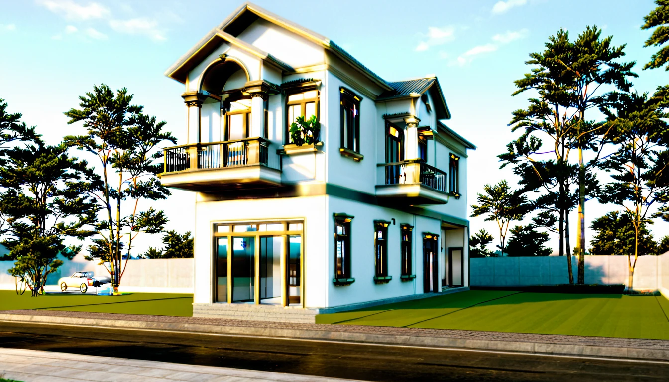 exterior house, contemporary style, white wall, wood wall, wood door, glass window, (realistic:1.2), Masterpiece, high quality, best quality, authentic, super detail, outdoors,road,pavement, grass, trees, sky, cloud, (daylight:1.1)