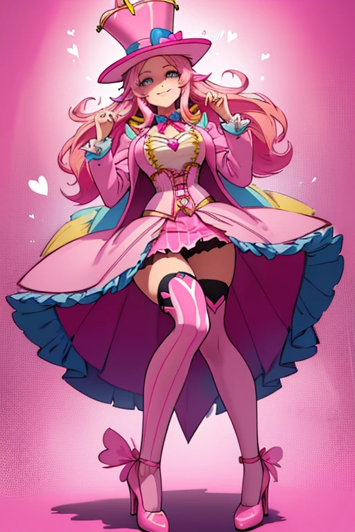 female, sunset pink long hair with yellow highlights, blue eyes, (((1girl))), (((pink ringmaster attire with dark pink hearts))), (yellow ribbon), (pink knee length pencil skirt), (dark pink stockings), (pink heels), (pink top hat with dark pink heart and yellow feather), cute and sexy, large breasts, large butt, full body, long legs, smiling