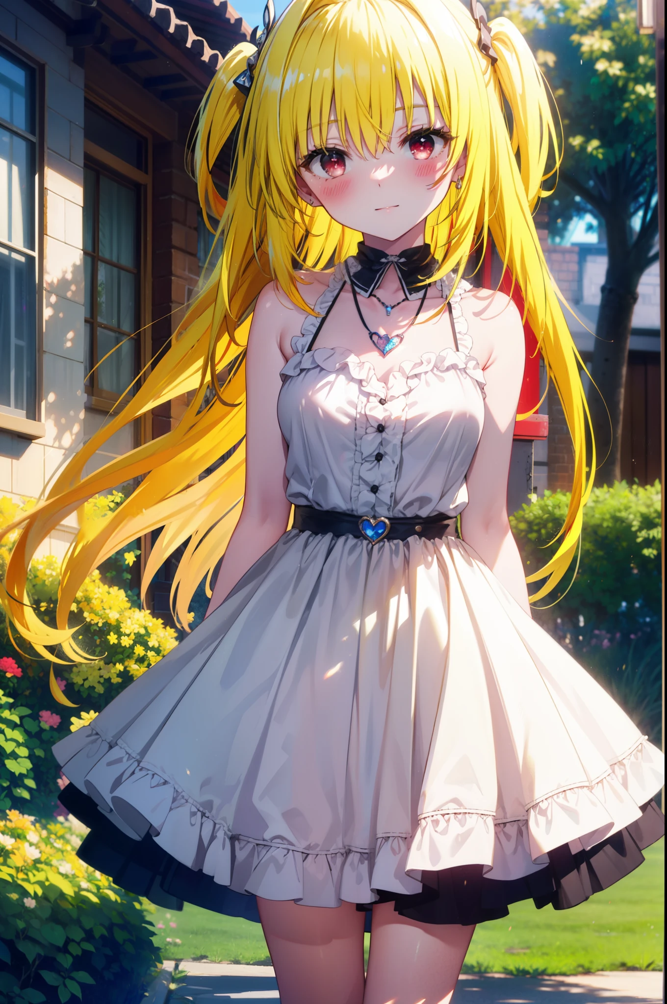toloverumy, my, (yellow hair:1.5), Long Hair, (Red eyes:1.5), smile,blush, Embarrassing,White Hair Band,Long skirt integrated sleeveless dress,Heart Necklace,Bare arms,Bare neck cute sandals,True Summer,Daytime,
break outdoors, garden,
break looking at viewer, (Cowboy Shot:1.5),
break (masterpiece:1.2), highest quality, High resolution, unity 8k wallpaper, (figure:0.8), (Beautiful fine details:1.6), Highly detailed face, Perfect lighting, Highly detailed CG, (Perfect hands, Perfect Anatomy),