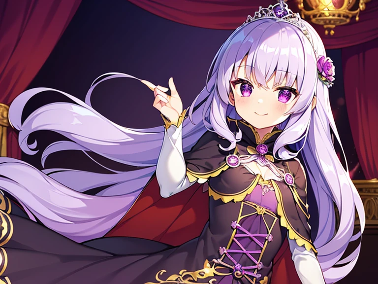 (kawaii),(best quality),(ultra detailed), upper body,(rococo style),(long train dark violet cape:1.15), very long cape,(long train dark violet ball gown with flower decorations), a girl is wearing a cape over her gown, 1 little princess, tiara, smile, small breasts, very long hair