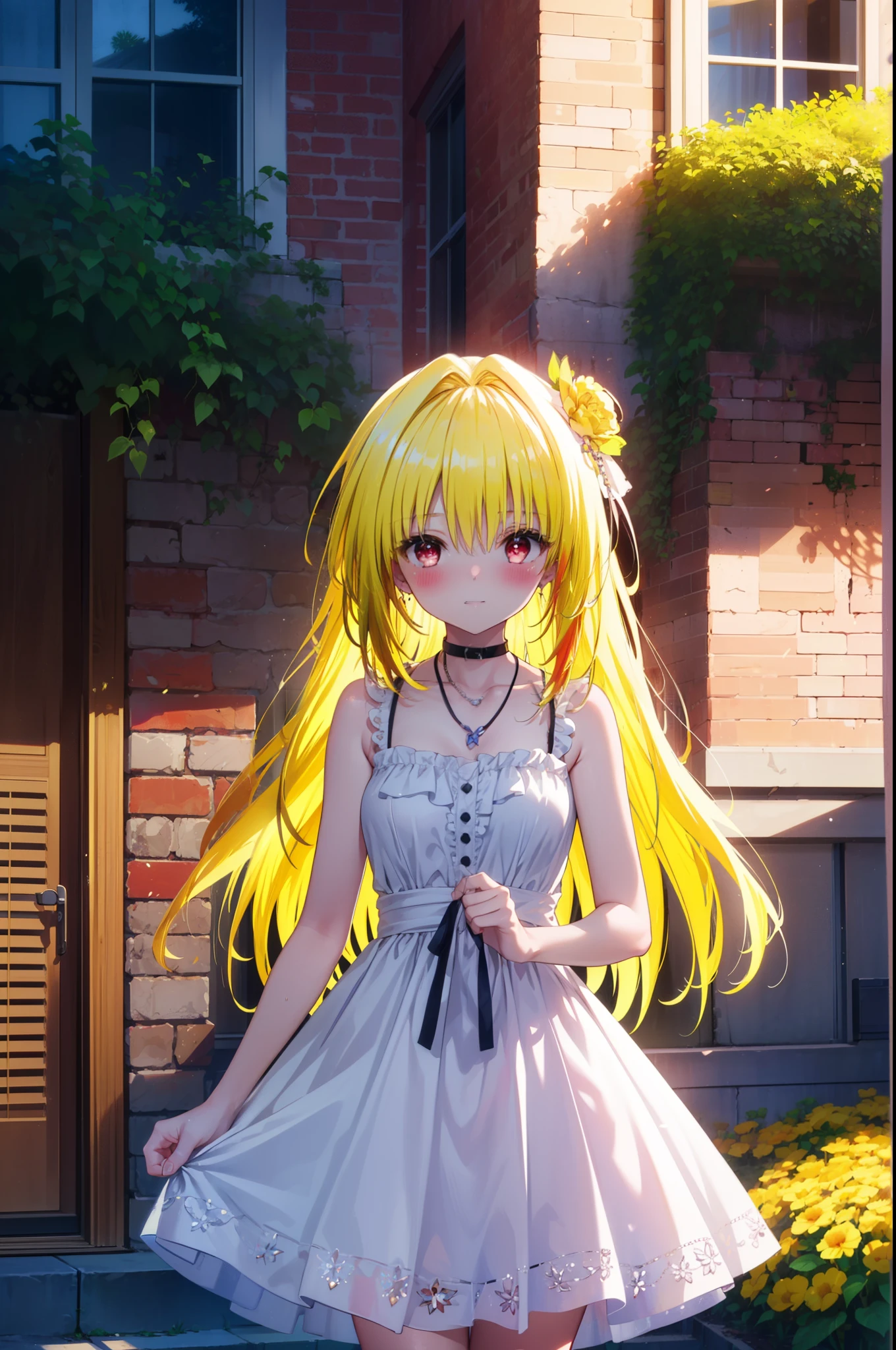 toloverumy, my, (yellow hair:1.5), Long Hair, (Red eyes:1.5), smile,blush, Embarrassing,White Hair Band,Long skirt integrated sleeveless dress,Heart Necklace,Bare arms,Bare neck cute sandals,True Summer,Daytime,
break outdoors, garden,
break looking at viewer, (Cowboy Shot:1.5),
break (masterpiece:1.2), highest quality, High resolution, unity 8k wallpaper, (figure:0.8), (Beautiful fine details:1.6), Highly detailed face, Perfect lighting, Highly detailed CG, (Perfect hands, Perfect Anatomy),
