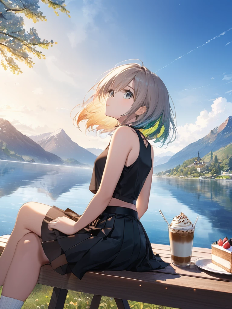 (looking up at the sky:2.5),(from side:1.5),(masterpiece:1.2), (best quality),(ultra detailed),(extremely detailed),(absolutely resolution) ,absurdres,8k, 1girl-drinking-hot-coffee-in-cafeteria-outdoor,sitting-on-the-woody-chair, cake, beautiful-landscape-background, mountain, shinny-lake, flowers,
BREAK, ultra detailed eyes, bobcut, (gradation hair:1.3), tanktops, skirt,