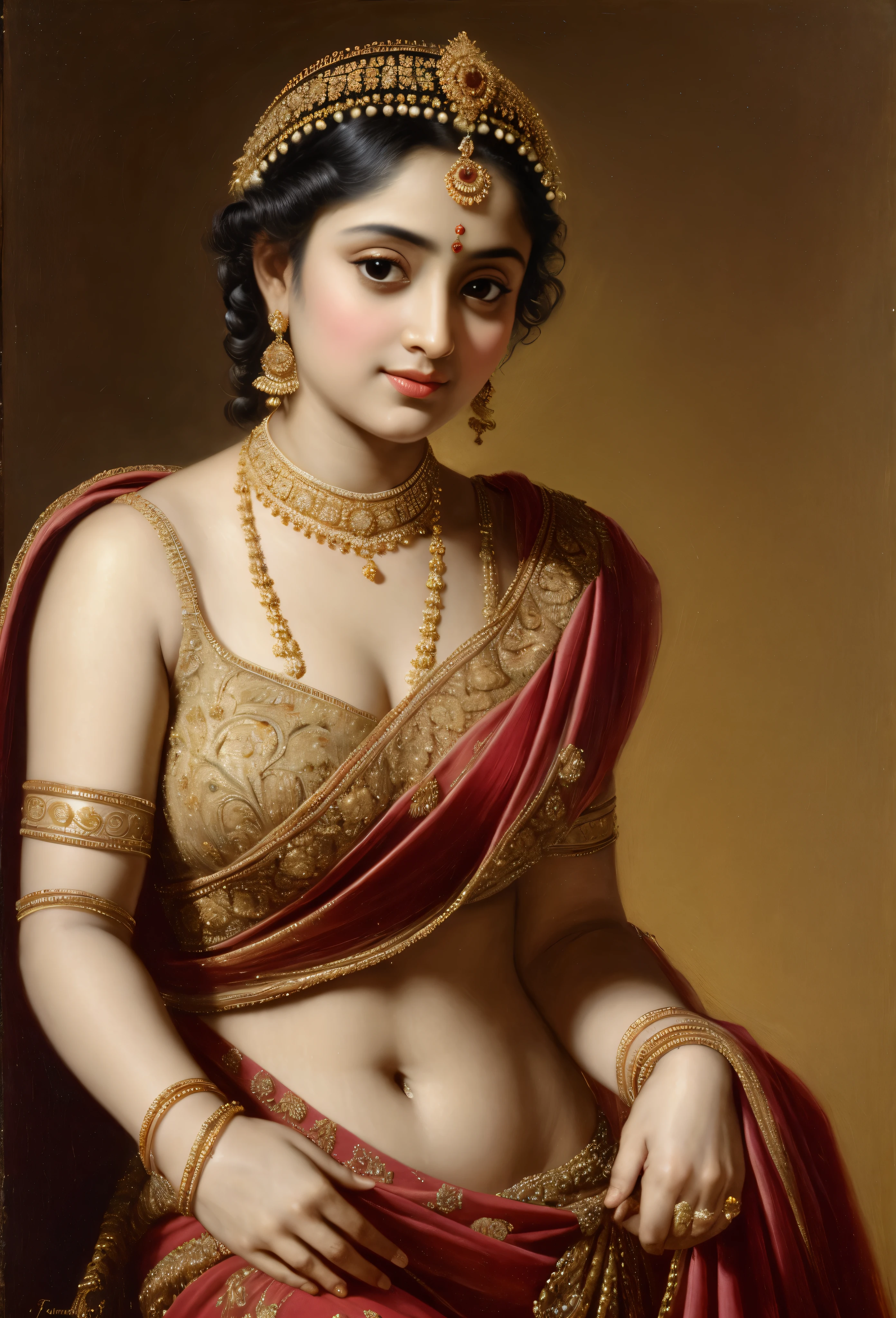 Looks like Jannat Zubair, Beautiful Indian Woman, wearing saree, sari Beauty, gorgeous, Apsara, Maharani, royal queen woman, nymph from Hindu Mythology, Urvashi, matchless beauty, Highly detailed, Oil Painting by Peter Paul Rubens inspired by Raja Ravi Varma, Matchless beauty, captivating, gorgeous, heavenly beauty, celestial beauty, by Peter Paul Rubens, 13, realistic, hyper realistic, micro details, incredible artwork, insane details, ultra High resolution, 8k, 32k, acrylic on canvas, intricate, flawless, detailed, detailed face, detailed eyes, masterpiece, by Peter Paul Rubens, by Caravaggio, by William Adolphe bouguereau, perfect face, perfect body, beautiful art, realism, baroque, renaissance Art, highly textured, beautiful and detailed eyes, uhd, best quality,