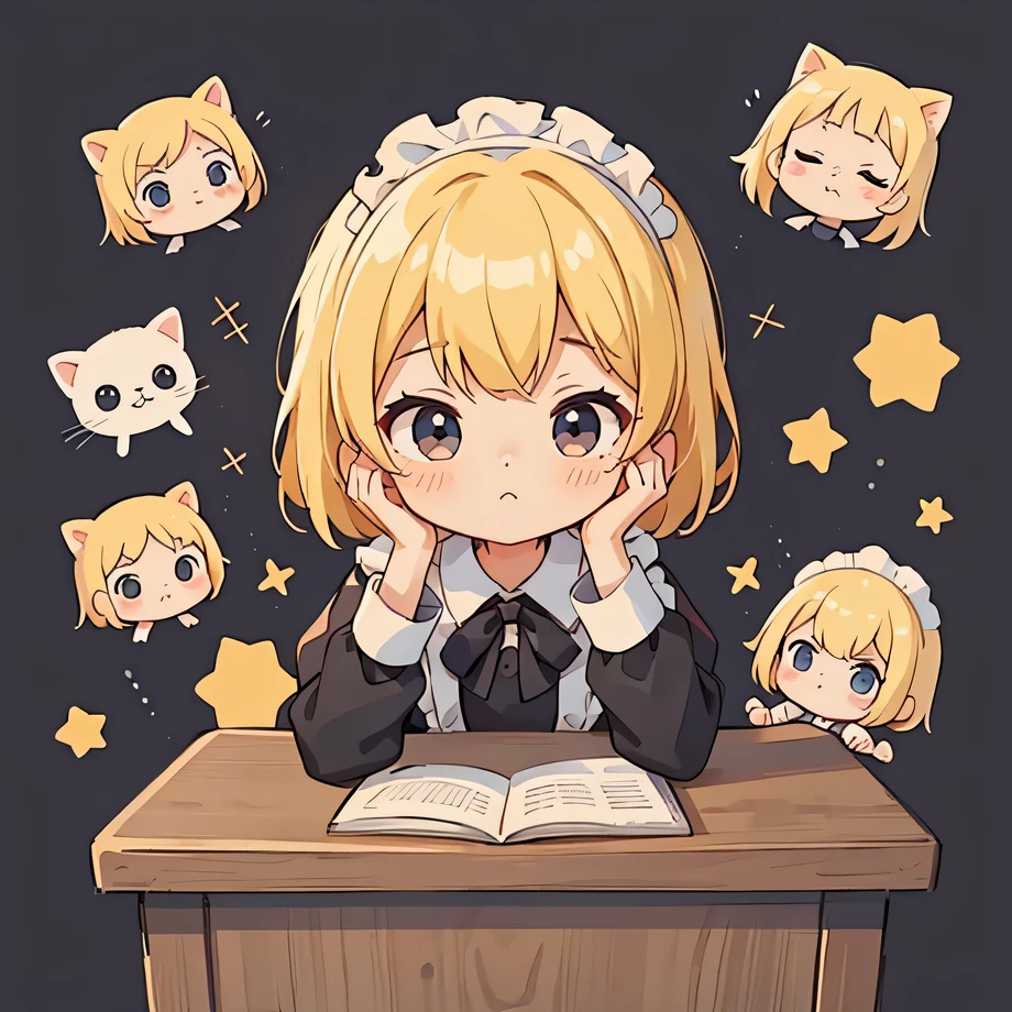 cute、Blonde、Bob Hair、Maid、black and white clothes、Pop your head out、Get your head out of the desk、Hands on the desk、Simple Background