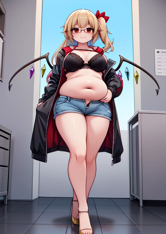 (masterpiece, best quality, highly detailed), 1girls, big belly, huge belly, art by kipteitei, round belly, chubby, curvy, belly grab, enormous belly, fat belly, thicc, bigger belly, really big belly, jiggly belly, glasses, unzipped jacket, (no shirt), bra, thight shorts, high heels, smug face ((full body)), long hair, ((dominant)), giantess, Flandre scarlet