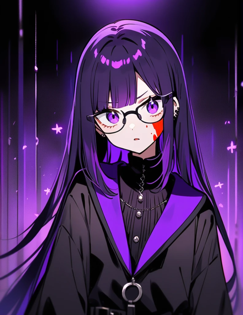 anime girl with purple hair and blood on her face, 1 7 - year - old anime goth girl, wearing glasses，purple hair， 