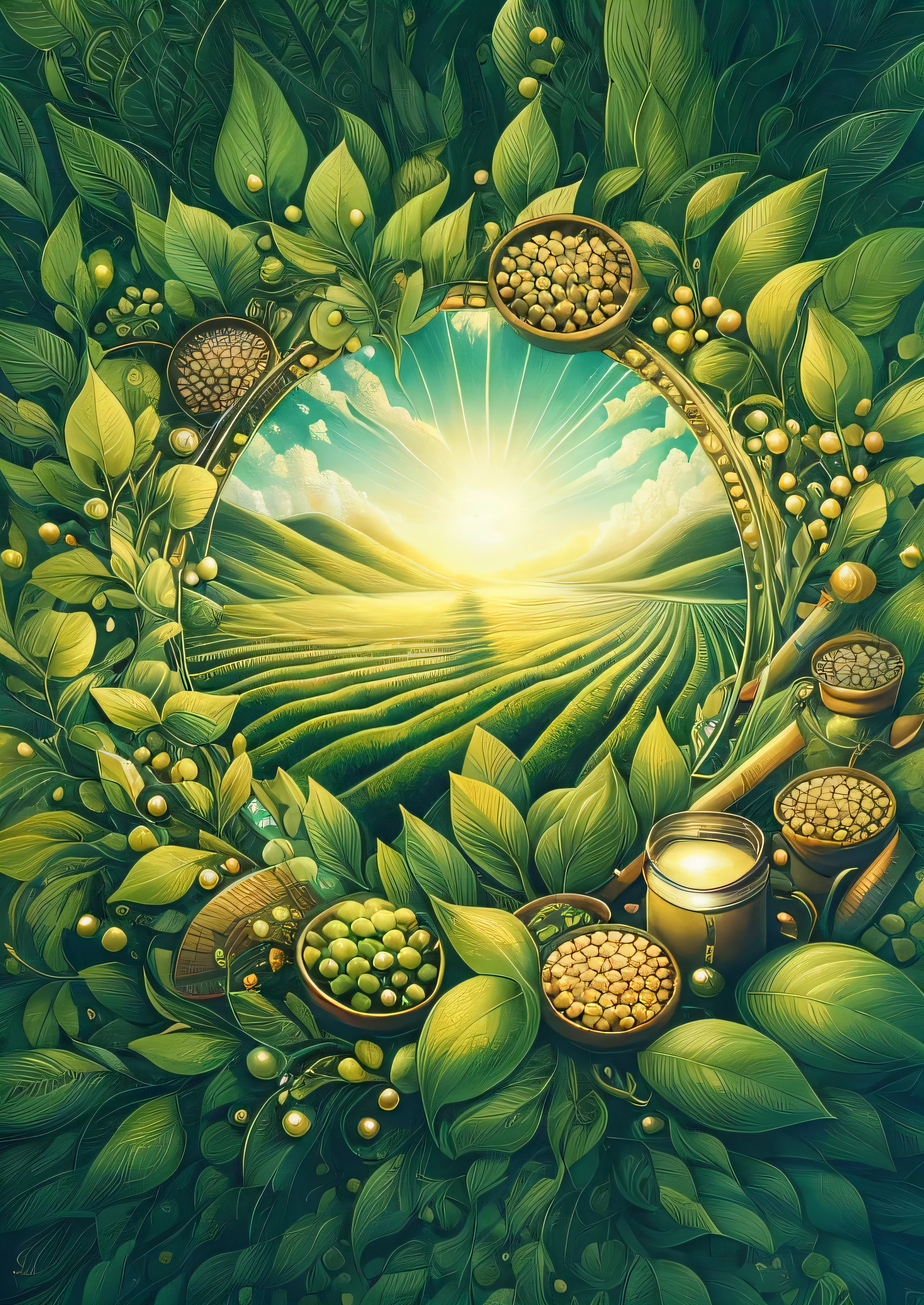 A circular painting captures the image of a serene green field, reminiscent of a tranquil paradise. This masterpiece is the creation of renowned artist Justin Gerard, renowned for his exceptional attention to detail. Inspired by the ethereal landscapes of Vladimir Kush, the painting exhibits a surreal quality, transporting the viewer to a world of enchantment.
Works by Vincent Callebaut and Alexander Kucharsky also serve as inspirations, their intricate styles embodying a profound sense of depth and texture. With Jacek Yerka's influence evident in the harmonious blend of colors and lines, this beautiful artistic illustration engages