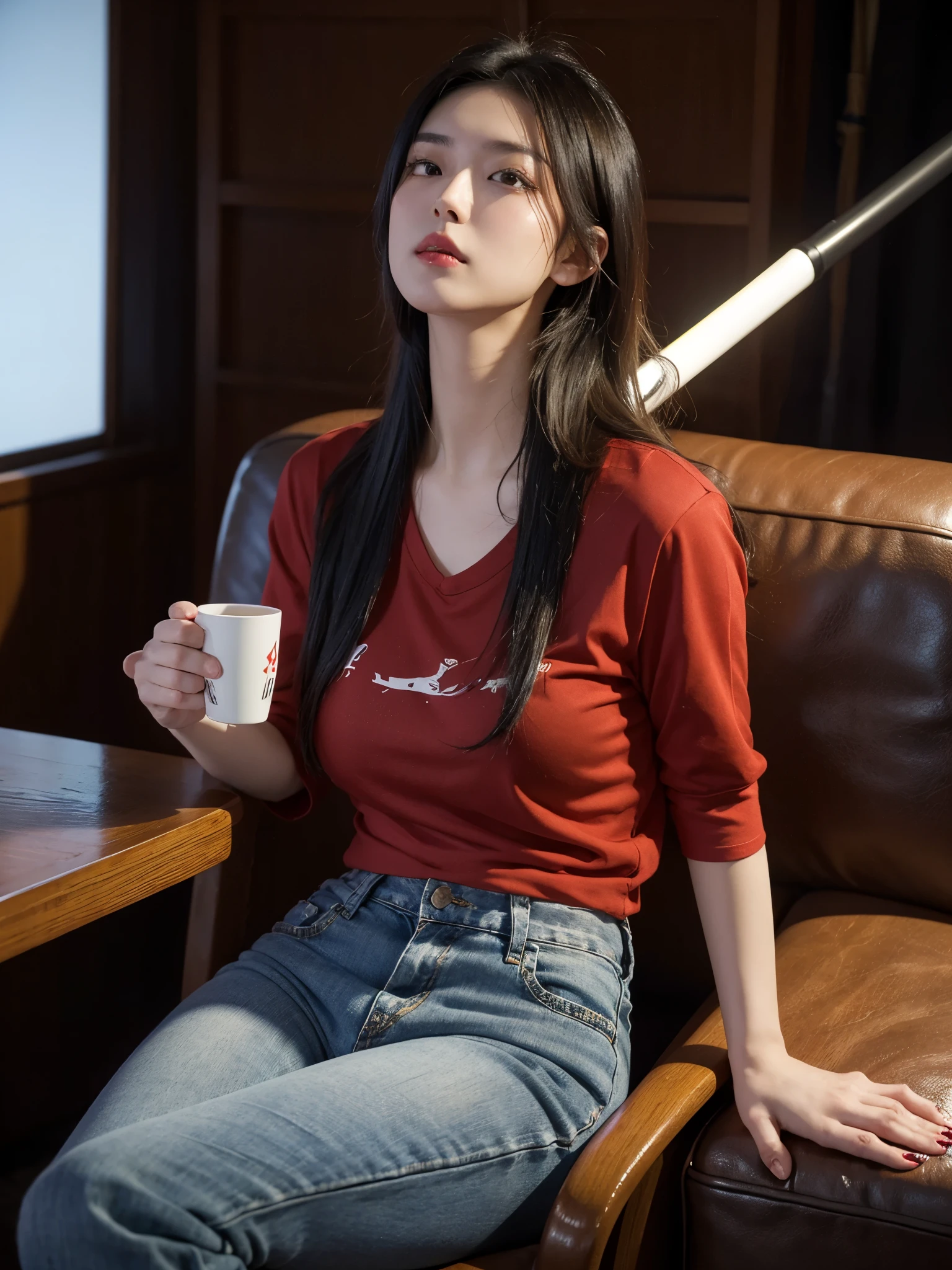 A beautiful japanese gangster boss with a typical japanese face, 25 years old, long black hair, black denim under a red t- shirt, a number of scratches,on her hands, sitting relaxed in a reclined chair while holding a coffee cup. In front of her there is a table and a gun. The background of the letter "JACKLYN" logo is decorated with white neon lights and several swords hanging,There were several female bodyguards behind her, thin light, super realistic, high low angle, look up shoot, photograph