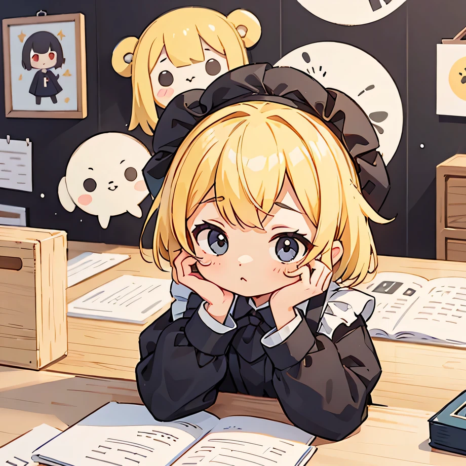 cute、Blonde、Bob Hair、Maid、black and white clothes、Pop your head out、Get your head out of the desk、Hands on the desk