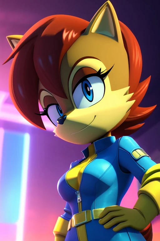 masterpiece, sally acorn, vault suit, pipboy 3000, 4k, looking at viewer, 8k uhd, solo, solo focus, (2d cartoon), anime style