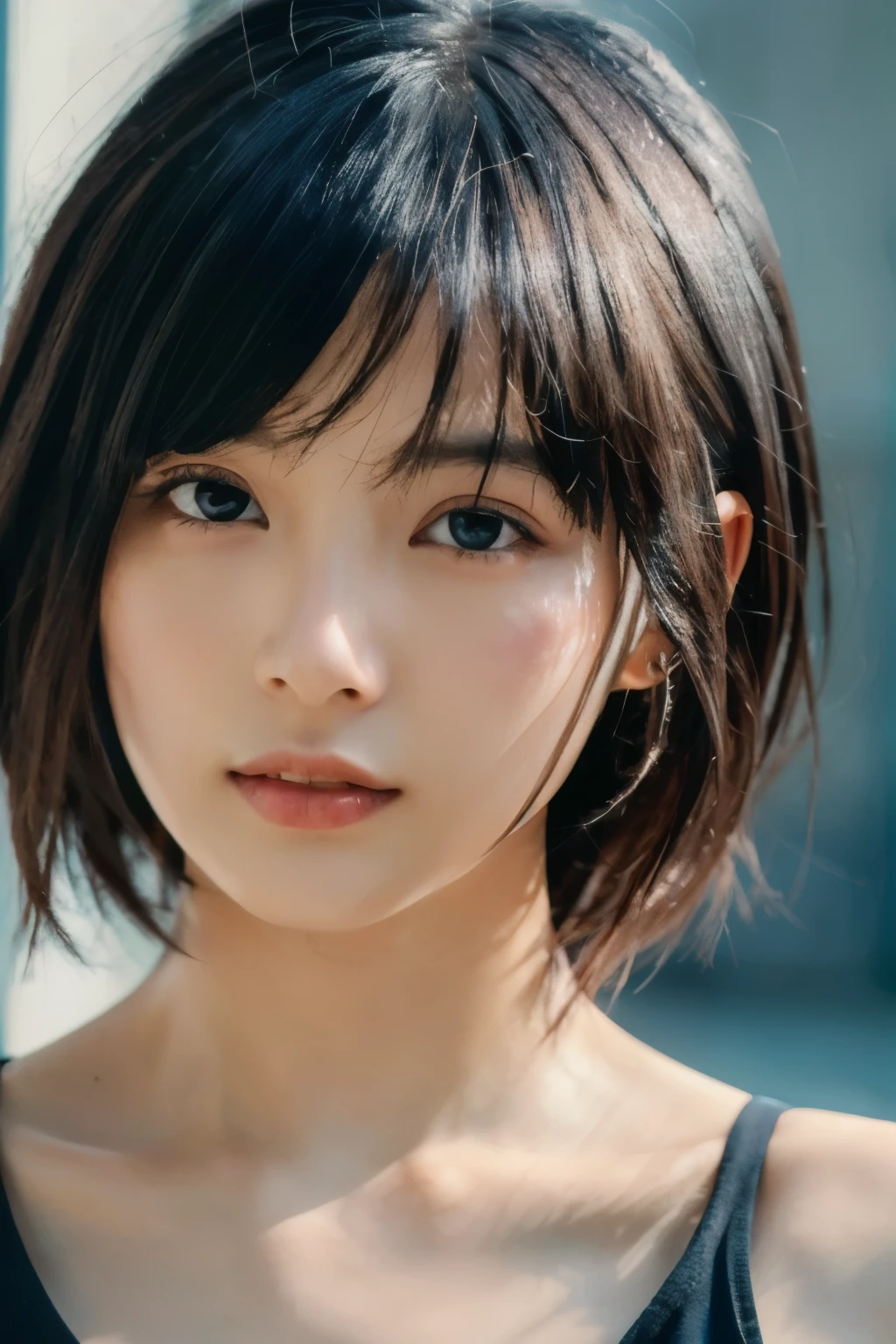 , Long winded [Blue-black:.3] hair,View your viewers, (masterpiece:1.3), (8k, Realistic, RAW Photos, highest quality: 1.4), Japanese, (One girl), Beautiful Face, (Realistic Face), (black hair, short hair:1.3), beautiful hairstyle, Realistic eyes, Beautiful fine details, (Realistic Skin), Beautiful Skin, Charm, Ultra-high resolution, Ultra-realistic, Very detailed, Golden Ratio,