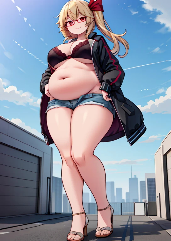 (masterpiece, best quality, highly detailed), 1girls, big belly, huge belly, art by kipteitei, round belly, chubby, curvy, belly grab, enormous belly, fat belly, thicc, bigger belly, really big belly, jiggly belly, glasses, unzipped jacket, (no shirt), bra, thight shorts, high heels, smug face ((full body)), long hair, ((dominant)), (giantess), Flandre scarlet