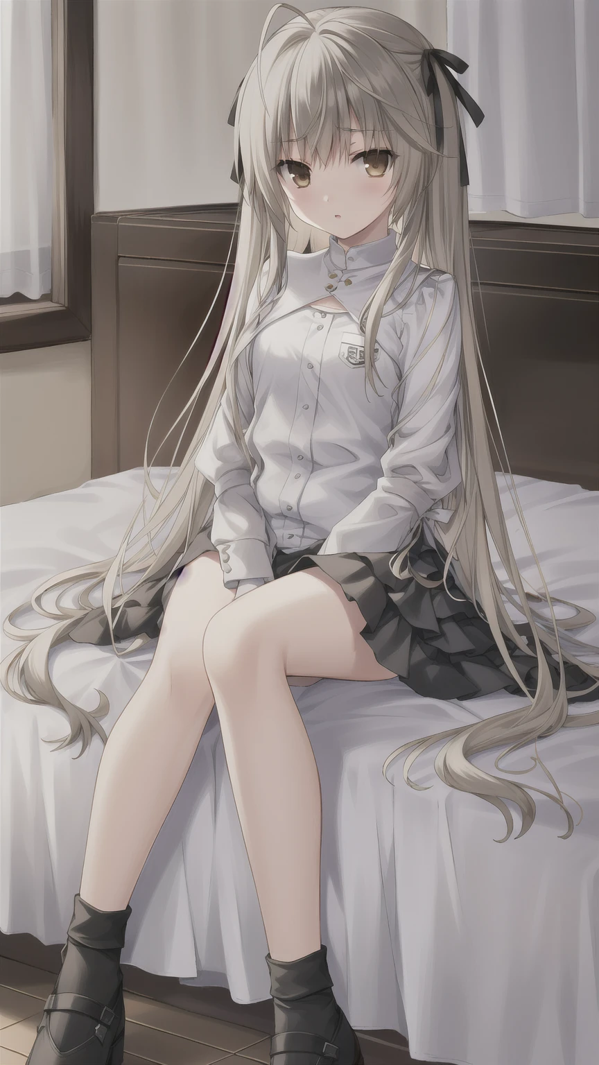 ((masterpiece:1.4, best quality)) ,Kasugano Sora,Naughty and energetic girl,Brown eyes,Happy,Long straight hair,Black knee-high socks Jane Shoes,summer,night,Lying in bed,Black coat with white T-shirt