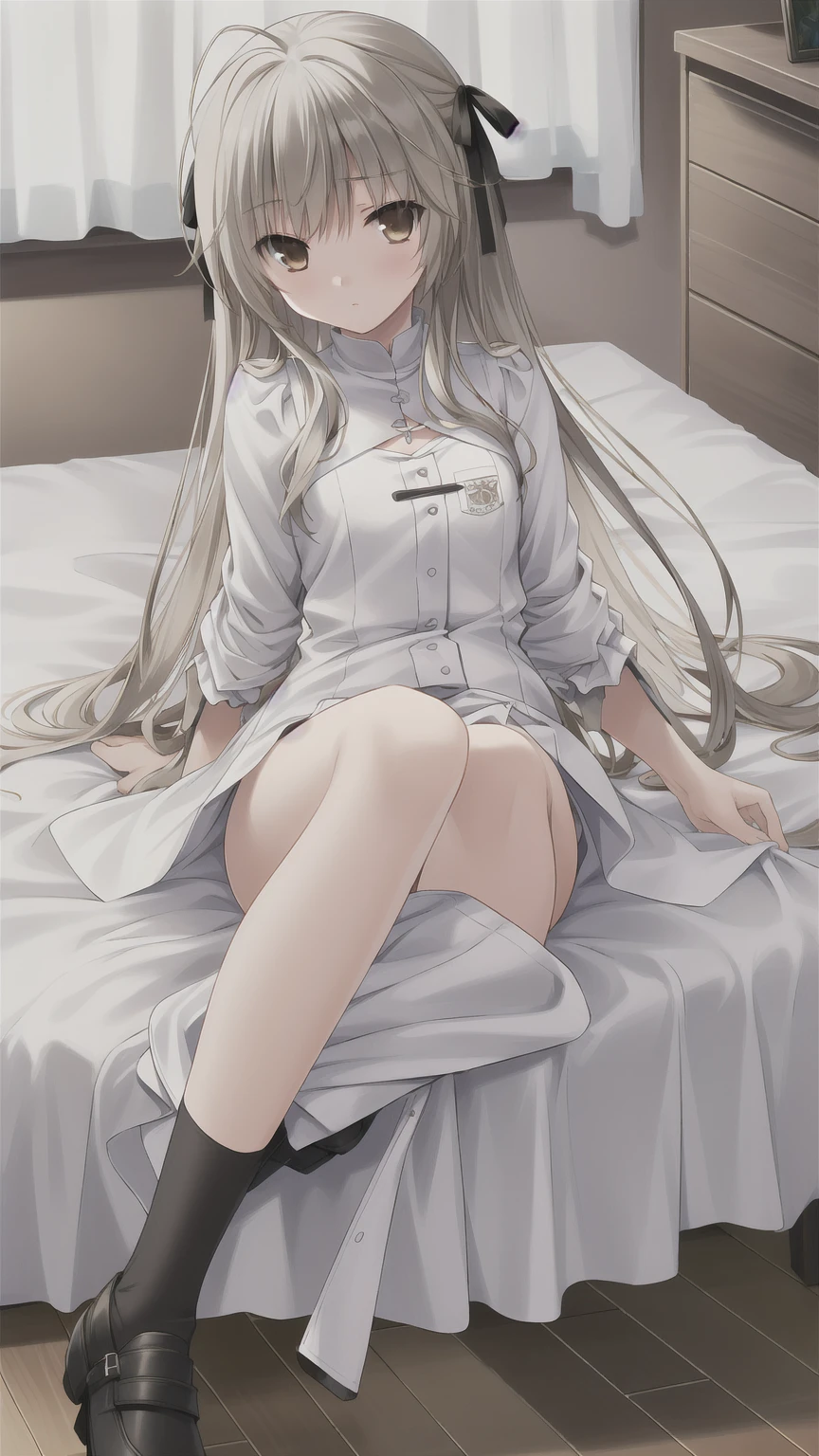((masterpiece:1.4, best quality)) ,Kasugano Sora,Naughty and energetic girl,Brown eyes,Happy,Long straight hair,Black knee-high socks Jane Shoes,summer,night,Lying in bed,Black coat with white T-shirt