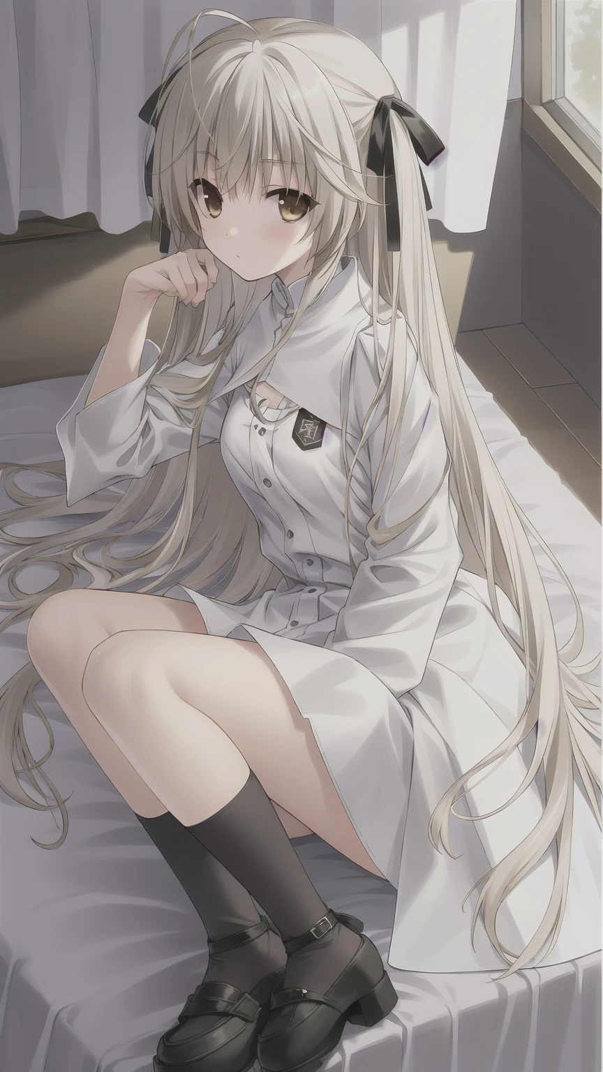 ((masterpiece:1.4, best quality)) ,Kasugano Sora,Naughty and energetic girl,Brown eyes,Happy,Long straight hair,Black knee-high socks Jane Shoes,summer,night,Lying in bed,Black coat with white T-shirt
