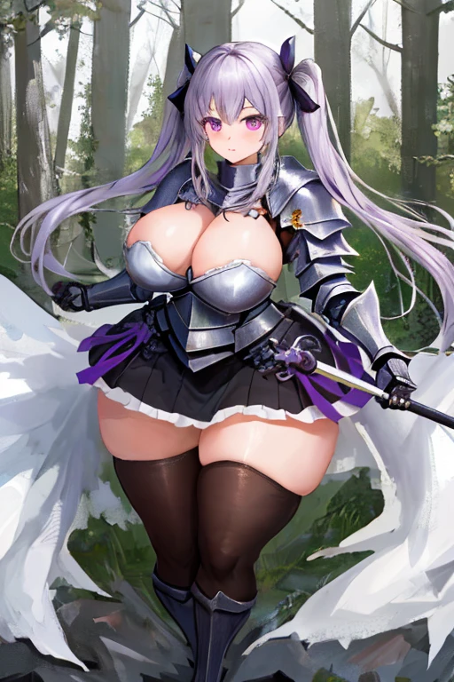 masterpiece, best quality, 1girl, light purple hair, long hair, twintails, bright purple eyes, cute, (black and silver knight armor, skirt, stockings:1.3), (curvy, slim waist, big breasts, bottomheavy, gigantic thighs, insanely wide hips:1.1), forest