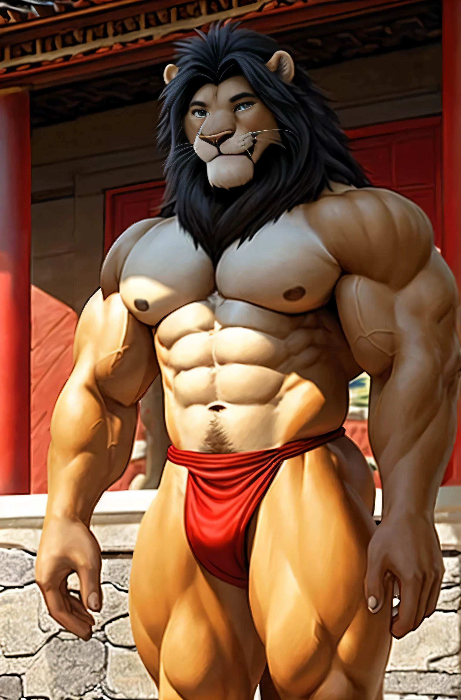Male. Lion. Furry, lion antro), standing, alone, nj5furry, (Lion, huge, huge, young face, ager, bodybuilder body), Lion, ((extremely realistic shadows, masterpiece, extremely detailed, photorealistic)), kemono, young, teen , ((16 years back, solid back, round buttocks, firm and well-formed buttocks, back, broad shoulders, standing on the back, firm buttocks, round buttocks, well-formed buttocks, solid and very muscular back, Lion , ((detailed face)) nose, red eyes, ((detailed eyes)), smile, mischievous smile, mischievous expression, white teeth, mouth slightly open, red tongue, skin, fur, hair, sexy, height 3 meters high , optimal height, body full of muscles, bulging pectorals, bulging abs, Shaolin monk, Buddha temple, huge and defined abs, V-shaped body, thick waist, long legs, strong arms, manly, attractive face, type of attractive, fresh and calm face with a cold smile. , bodybuilder body, topless, huge muscular thighs, bulging biceps, looking at viewer. Unique light source, Sharp shadows, Unique portrait.