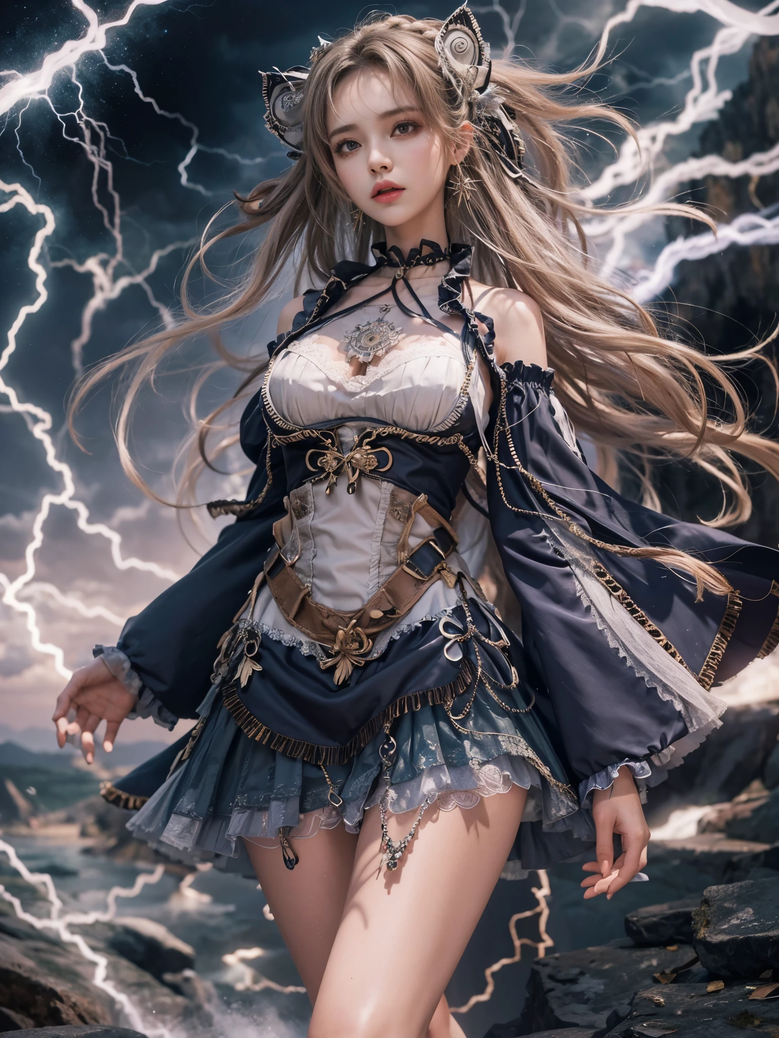 masutepiece,offcial art, Unity 8k wallpaper, Ultra detailed, Beautiful and aesthetic, Beautiful, Masterpiece, Best quality, (zentangle, mandalas, Tangled, entangle), 8K,((Focus on the thighs)),High resolution whole body, surrealism, Cinematic lighting, god light,Layered processing (HD layers, People layer, Background image layer),f/4.0, kanon,(The face is super clear),hugefilesize,Shiny skin,Detailed skin,Detailed face, Detailed eyes, Goddess of the Storm,(ta dress miniskirt:1.5), At the top of a huge canyon, (The wind was blowing violently), Hair similar to the color of wind and lightning, nakeness, Bare chest, No top, Show off , (Storm vortex pendant, Lightning earrings, Dark clouds loom like a storm, A thunderous scene,Sky thunder and lightning scattered together),