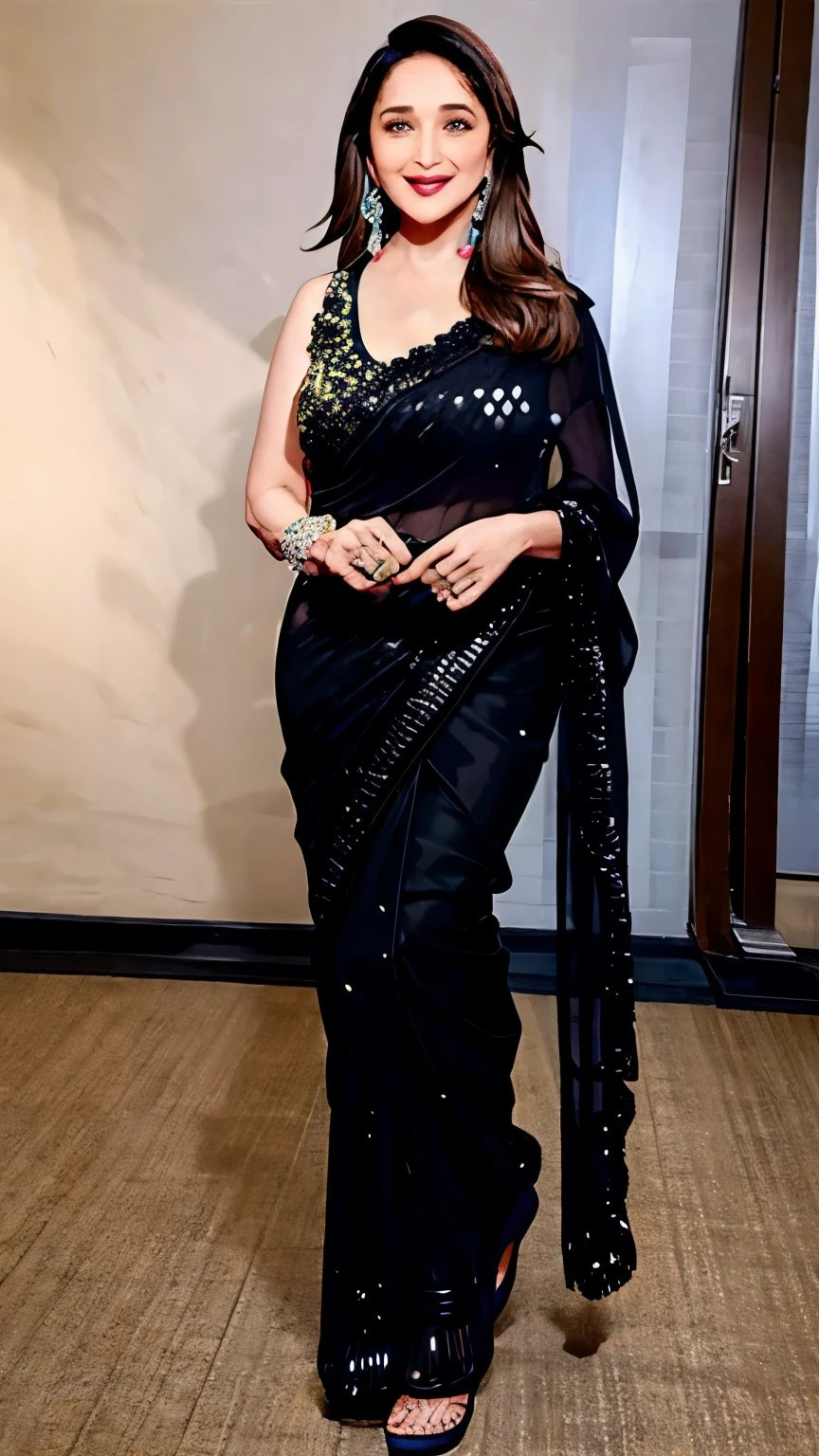 Madhuri dixit dancing in black net saree, ultra realistic,